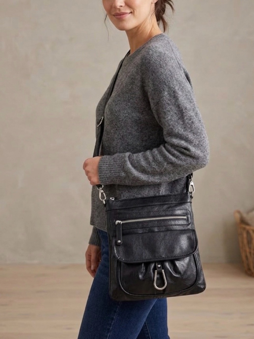 Braciano Black Faux Leather Vegan Crossbody Zebra Interior Silver Hardware